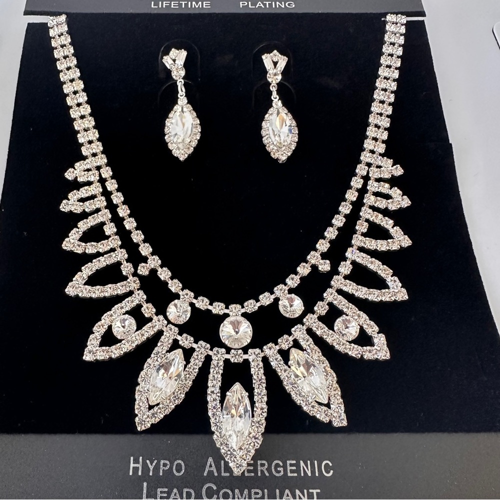 Silver Crystal Statement Necklace & Drop Earring Set Bridal Prom